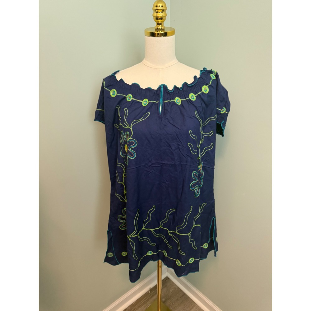 Kim Rogers XL Navy Blue Floral Embroidered Peasant Blouse Ruffle Neck Top